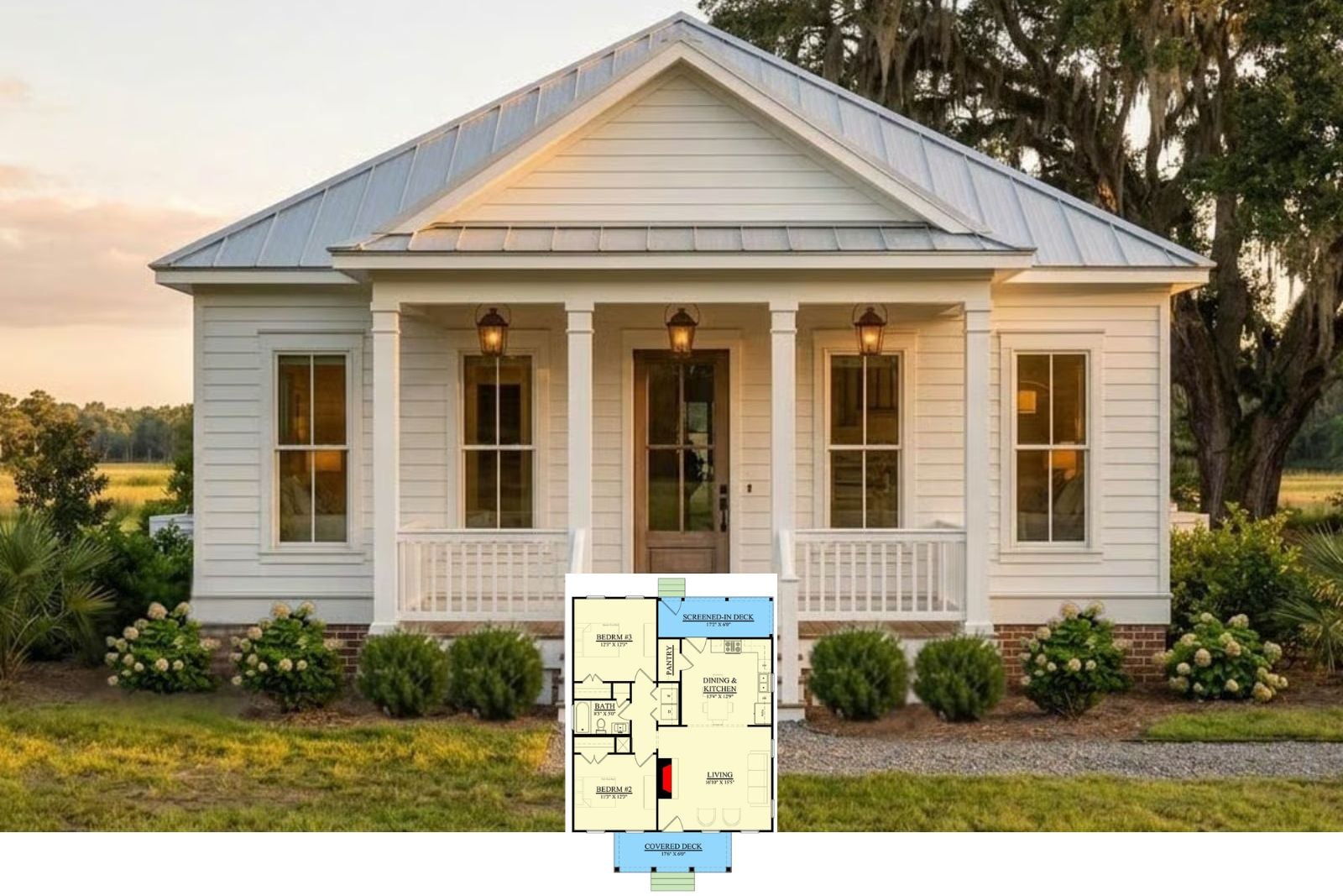 Willowmere 2-Bedroom Southern Cottage House Plan with Screened-In Deck (947 Sq. Ft. Floor Plan)