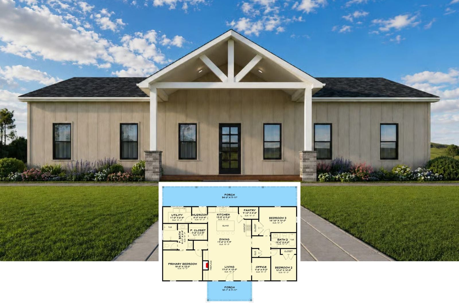 Meadowridge 3-Bedroom Barndominium Farmhouse Layout with Covered Patio (1,620 Sq. Ft. Floor Plan)