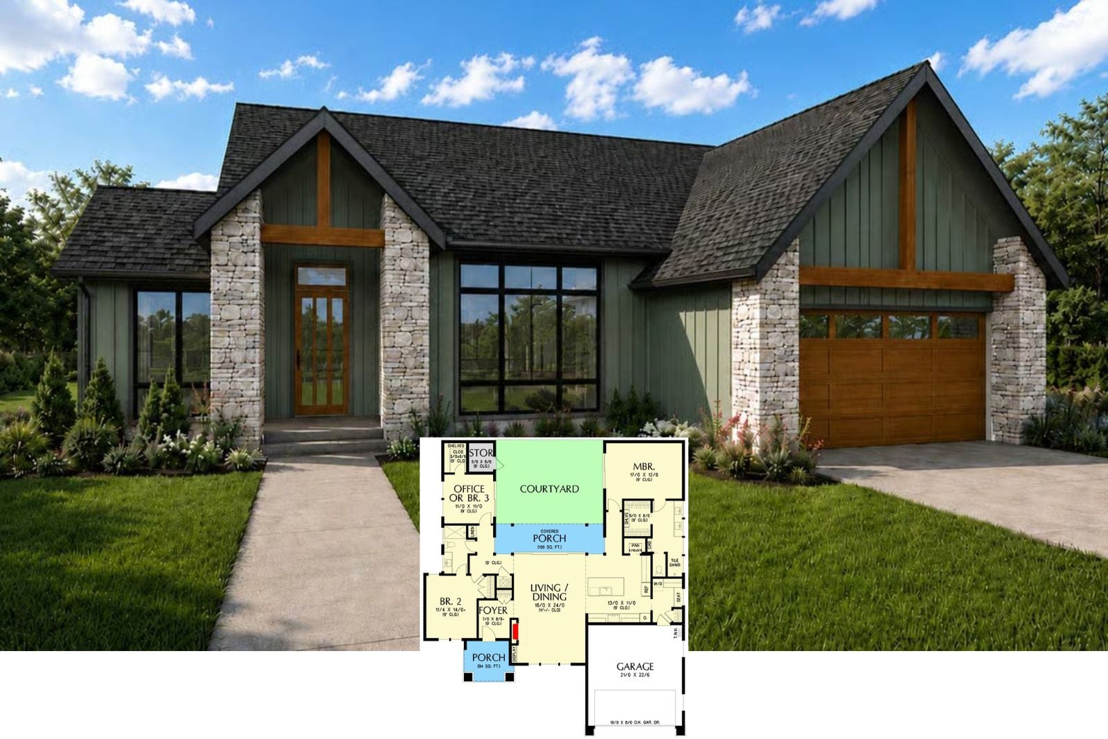Foxglove Grove 3-Bedroom Modern Craftsman House Plan with Courtyard (1,842 Sq. Ft. Floor Plan)