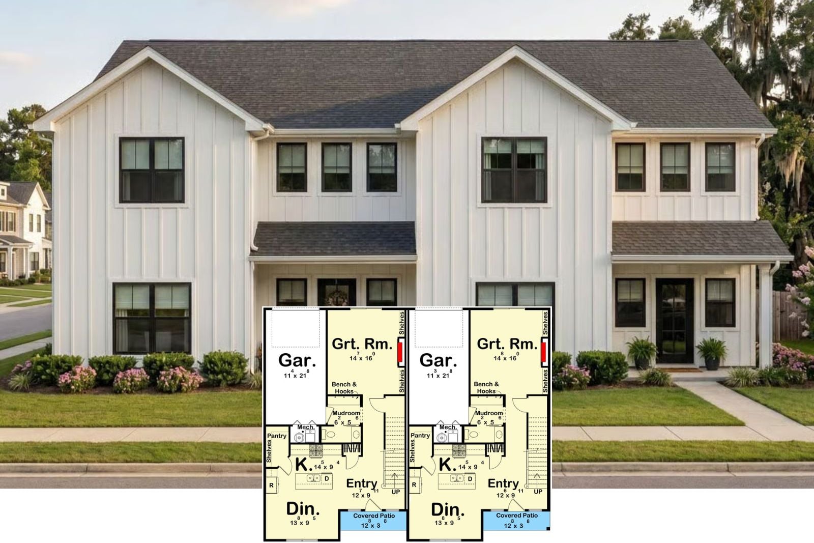 Millbrook 3-Bedroom Modern Farmhouse Duplex Layout with Front Porch (3,820 Sq. Ft. Floor Plan)