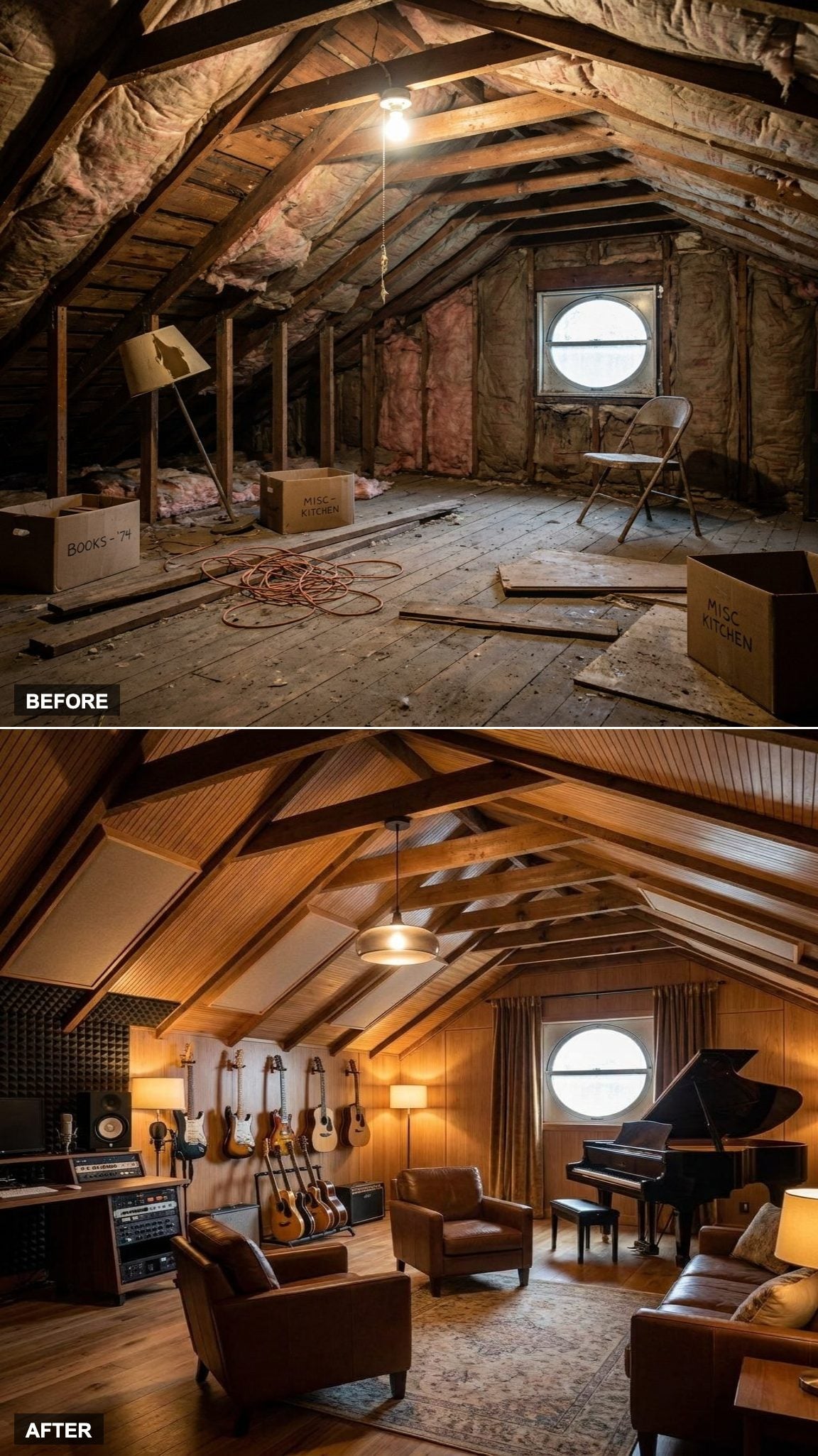 Wood Slat Panels and a Grand Piano Shape a Music Room Beneath the Rafters
