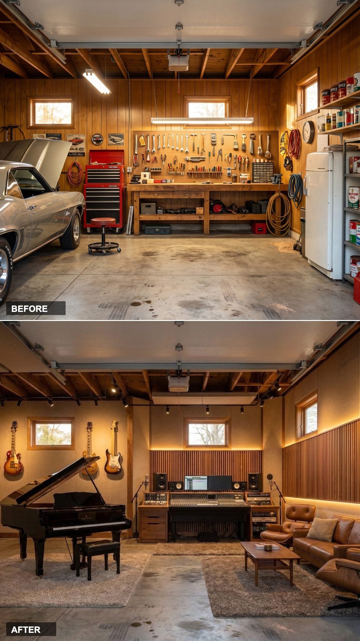 Acoustic Wood Slat Walls and a Grand Piano: The Garage Becomes a World-Class Music Studio