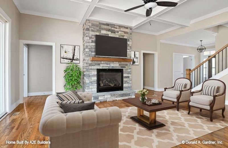 Stacked Stone Fireplace Wall Does the Heavy Lifting in This Family Room