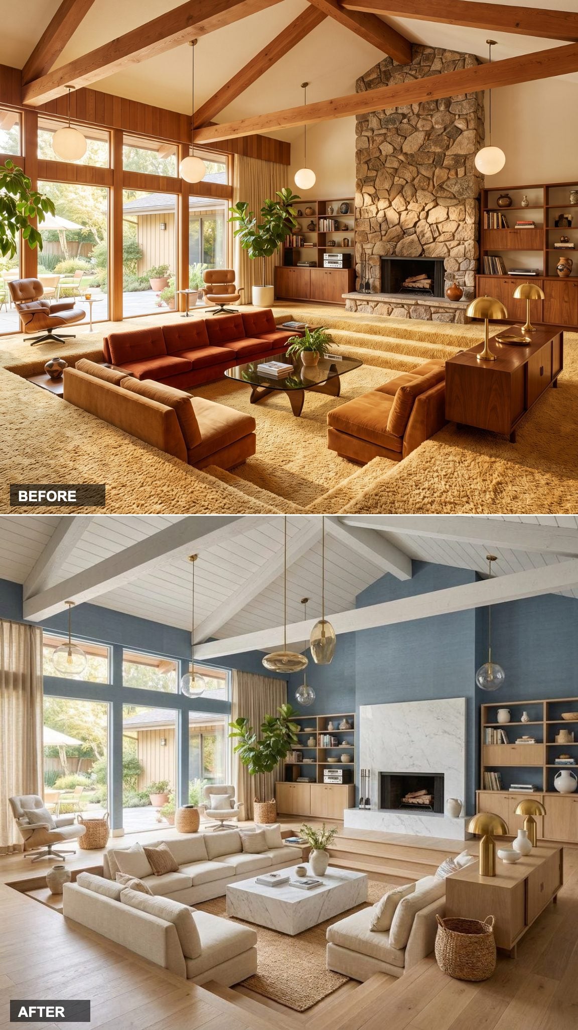 Airy Dusty Blue Walls with Oversized Cream Sectional and Sculptural Marble Fireplace