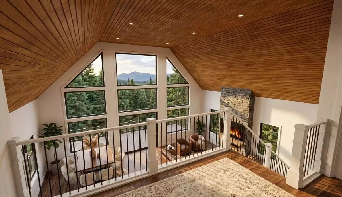 Loft Overlook with Stone Fireplace Earns Every Square Foot It Takes Up