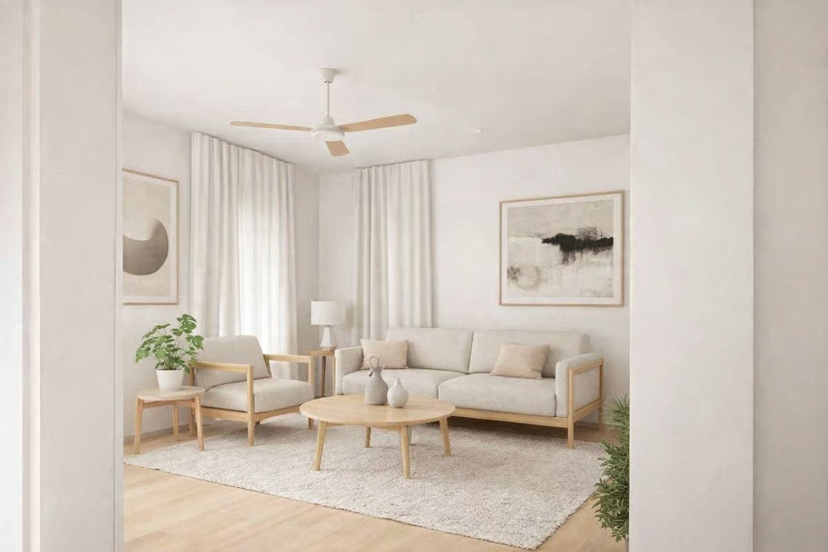 Warm Wood Frames and a Ceiling Fan That Actually Fits the Room