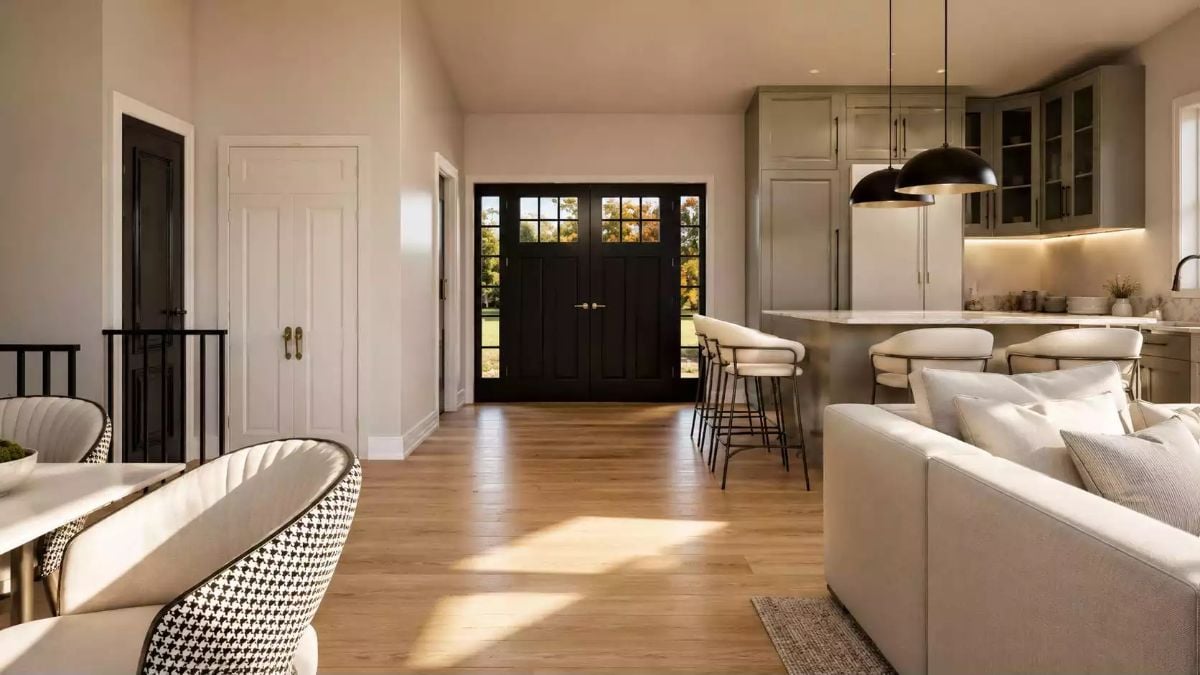 Black Front Doors and Houndstooth Chairs Walk Into a Very Grown-Up Open Plan