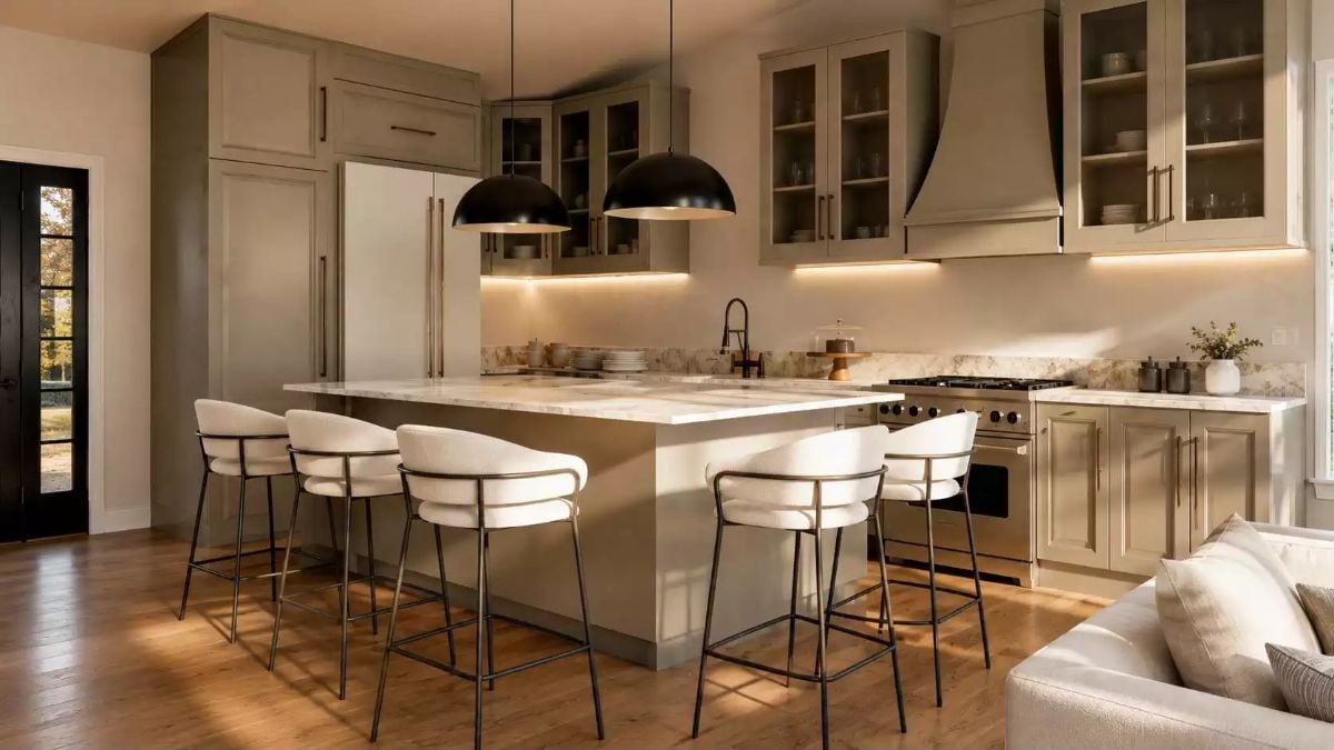 Greige Cabinets and Boucle Barstools Doing Exactly What They Were Meant To Do
