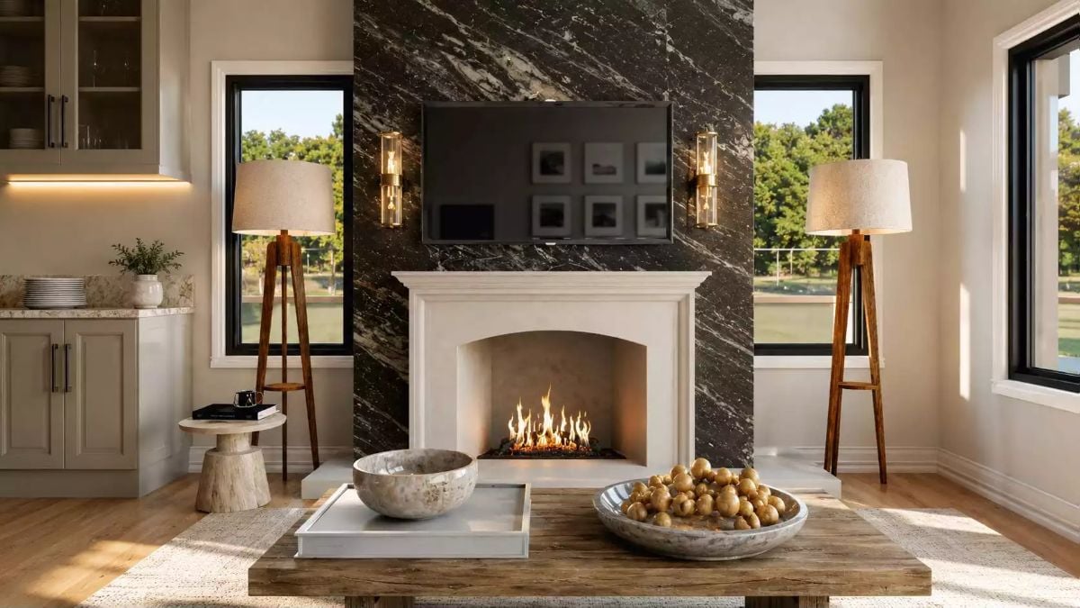 Marble Slab, White Mantel, and Two Tripod Lamps That Know Their Assignment