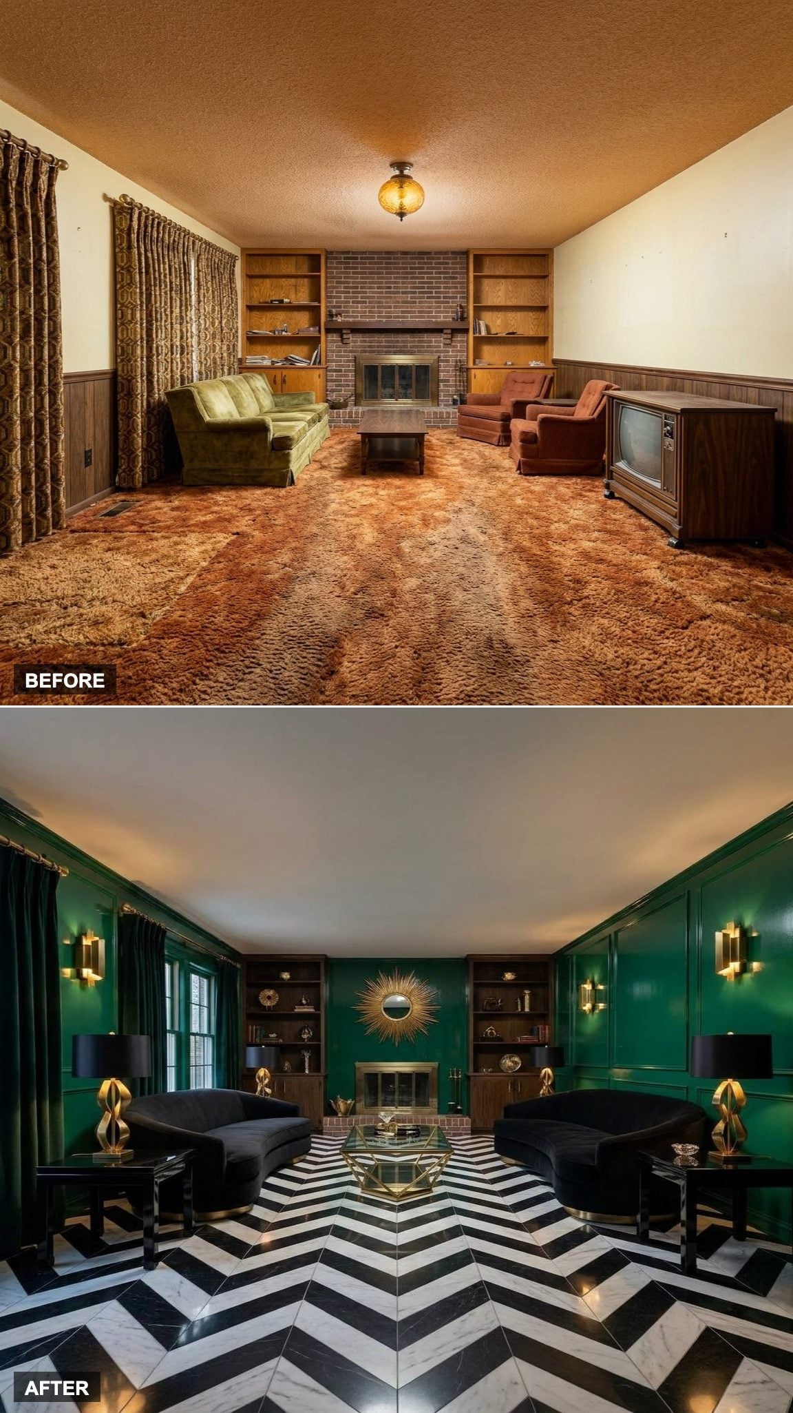 Art Deco Revival with Emerald Lacquer Walls, Geometric Brass, and Velvet Black Accents