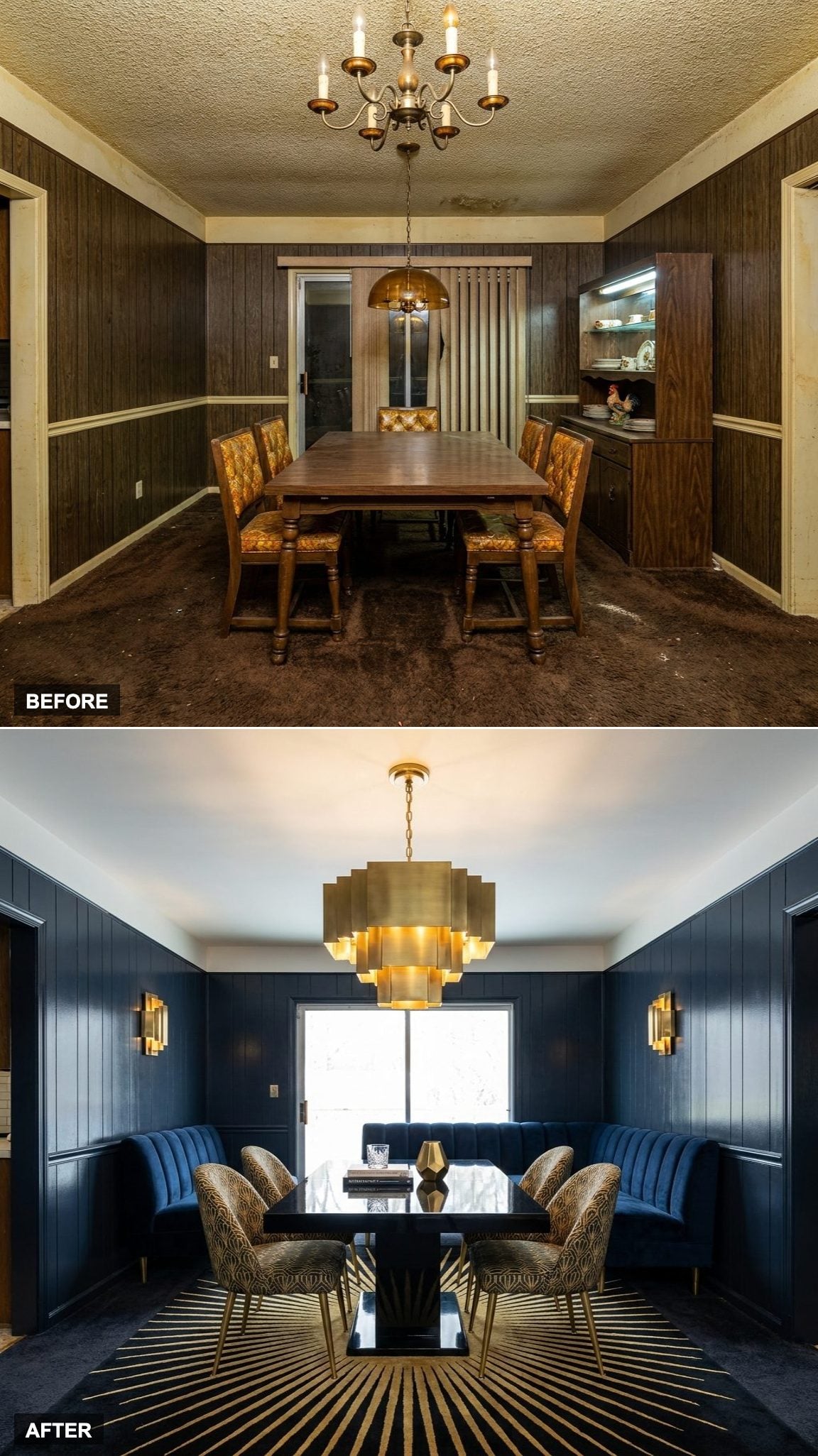 Art Deco Revival with Inky Navy Walls, Geometric Brass Sconces, and a Fluted Velvet Banquette