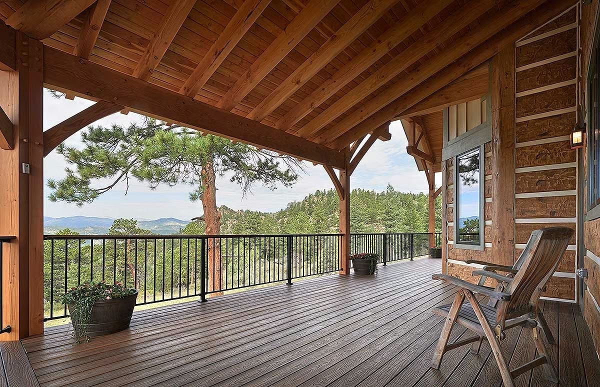 Covered Porch with Mountain Views and Timber Framing That Earns Every Glance