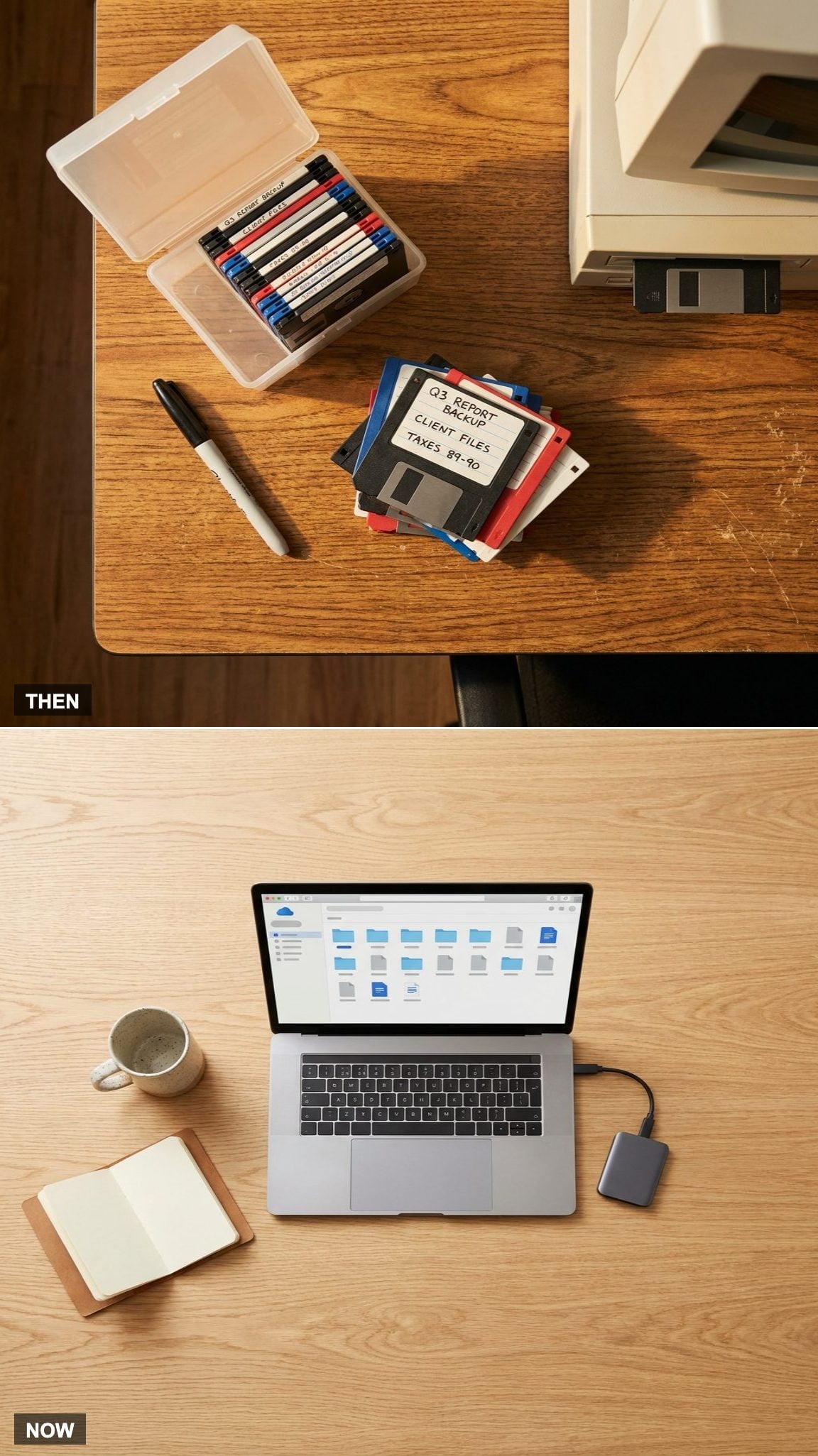 Backups Meant Making Extra Floppy Disks vs. Files Save Automatically in the Cloud