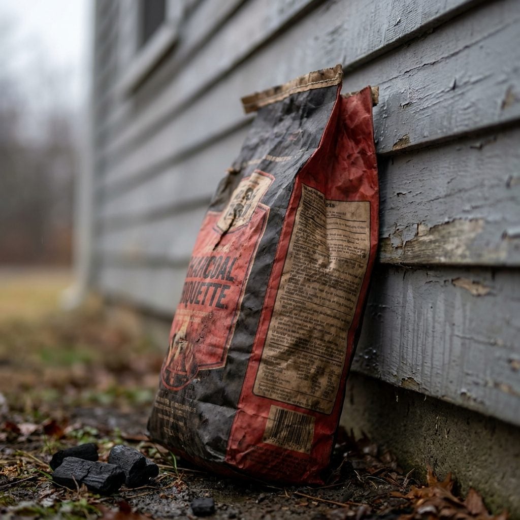 The Bag of Charcoal Briquettes Leaning Against the Side of the House