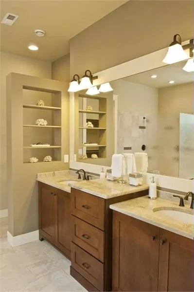 Double Vanity with Shelves Cut Right Into the Wall