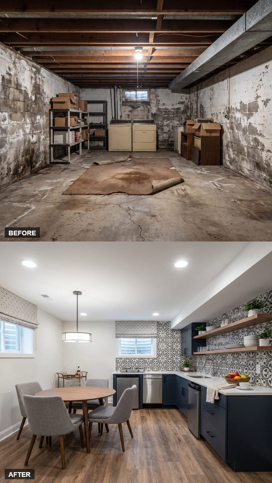 Basement Kitchenette and Dining Nook in Bold Backsplash Tile