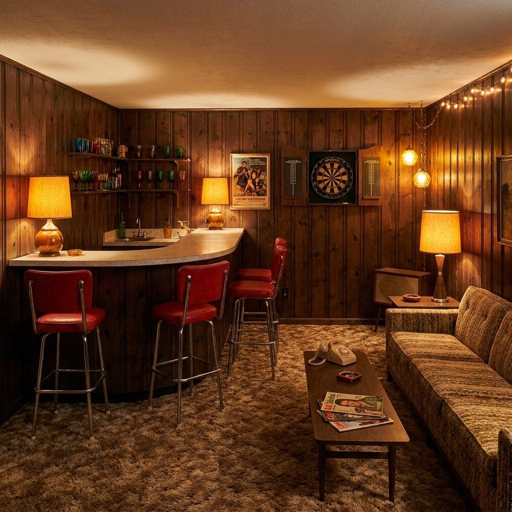 The Basement Rec Room With a Wet Bar and Wood Paneling