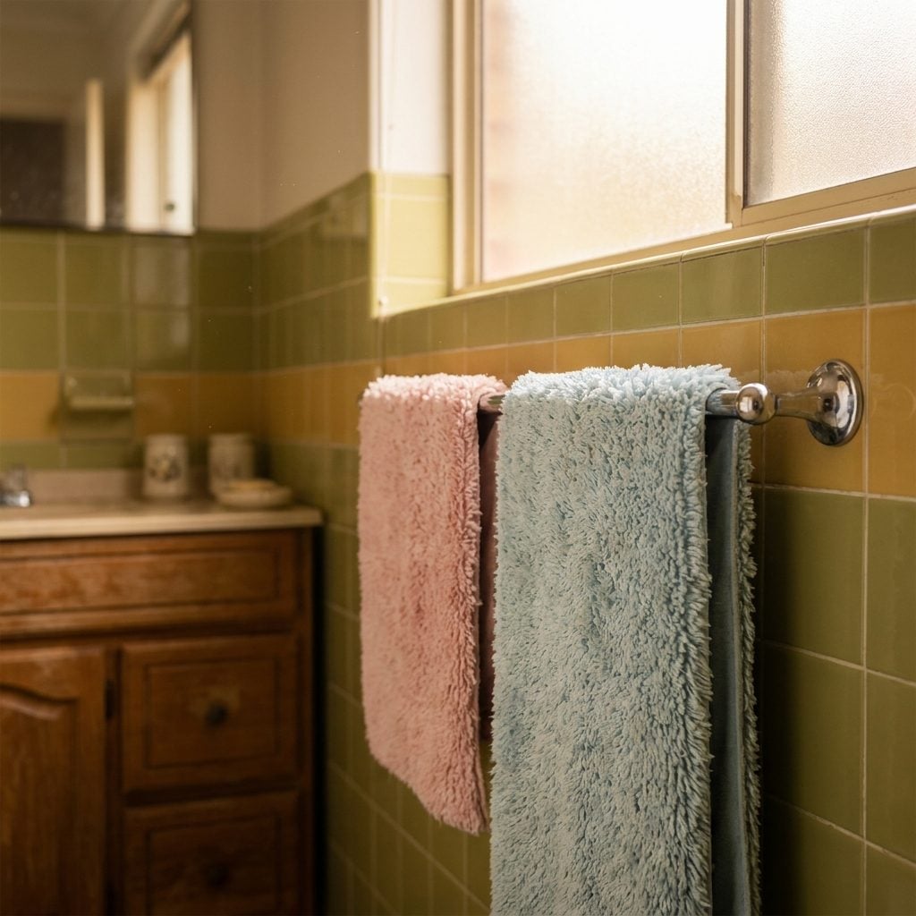 The Bathroom Rugs Hung Over the Towel Bar to Air Out