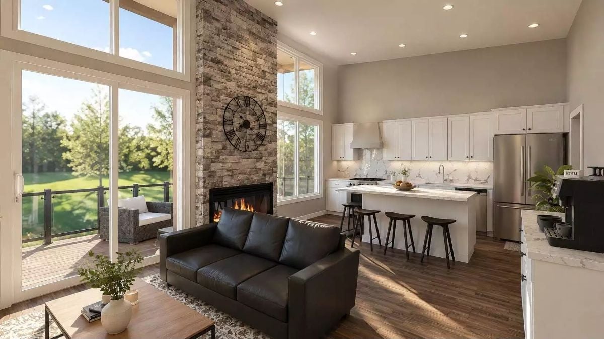 Stone Fireplace, Open Kitchen, and a Deck That Pulls the Outdoors In