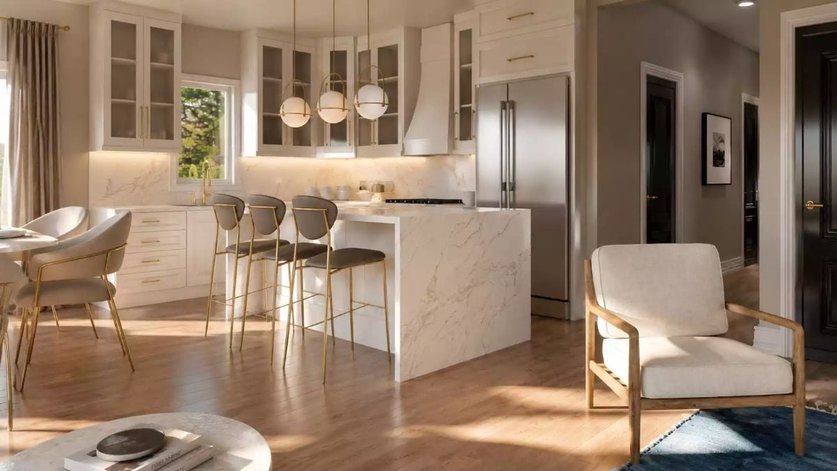 Gold-Trimmed Bar Stools and Marble That Means Business