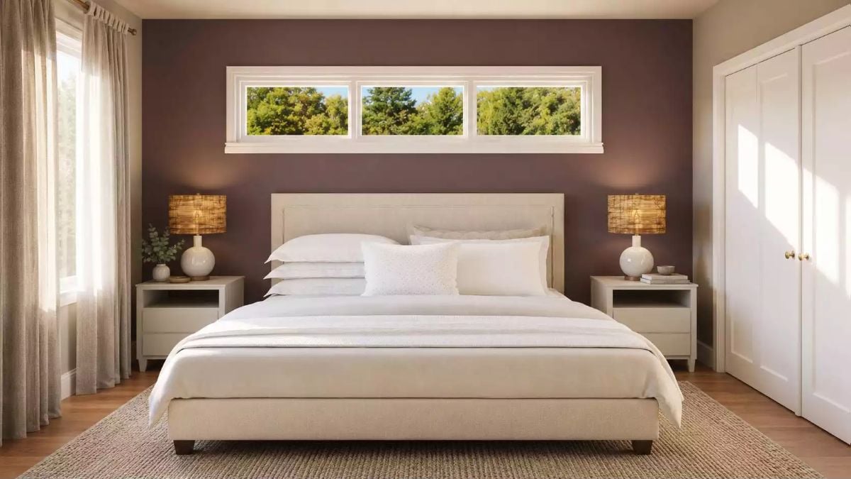 Mauve Accent Wall, Clerestory Windows, and Bedside Lamps Worth Keeping
