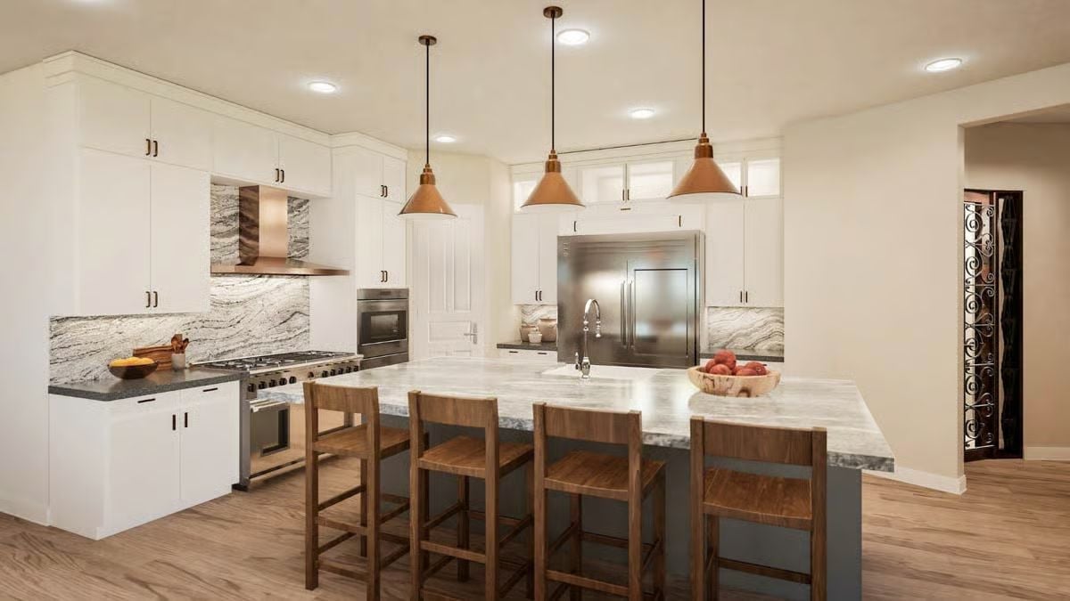 Copper Pendants, Marble Island, Wood Stools — Kitchen Built to Last Decades