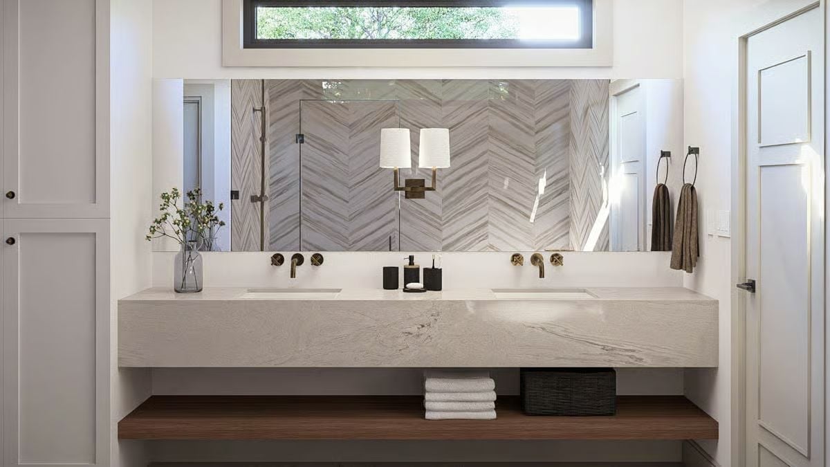 Chevron Stone and Floating Marble Make This Double Vanity Worth the Square Footage