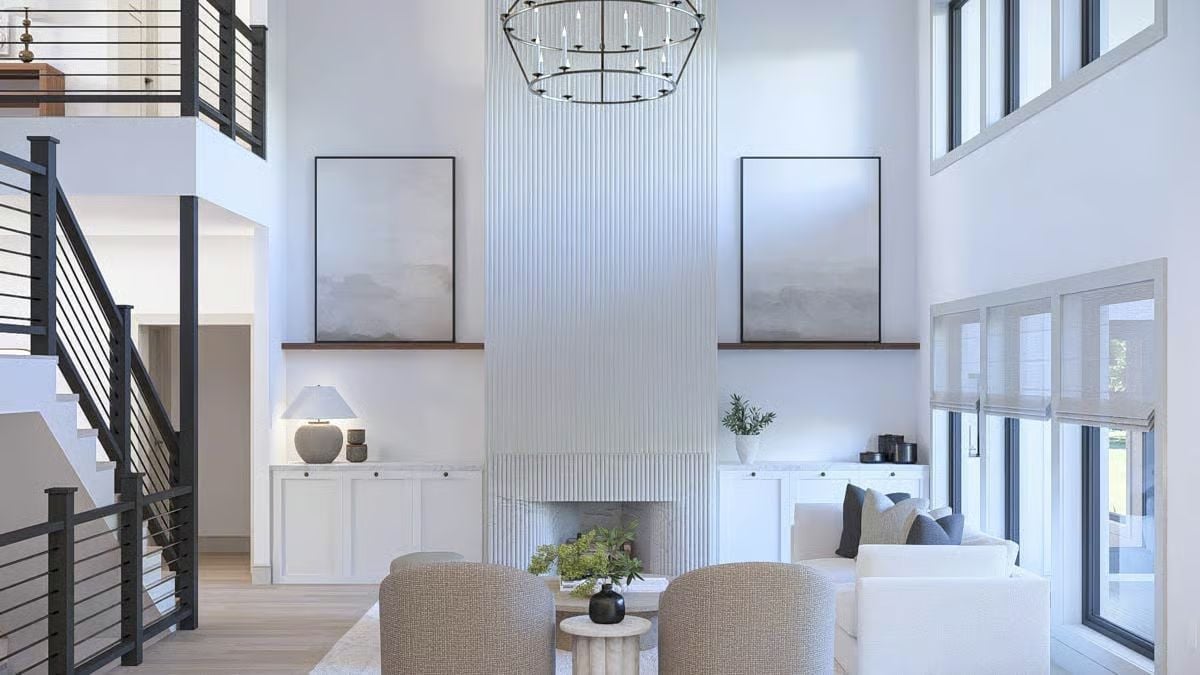 Double-Height Fireplace Wall Earns Every Inch of Vertical Space It Claims