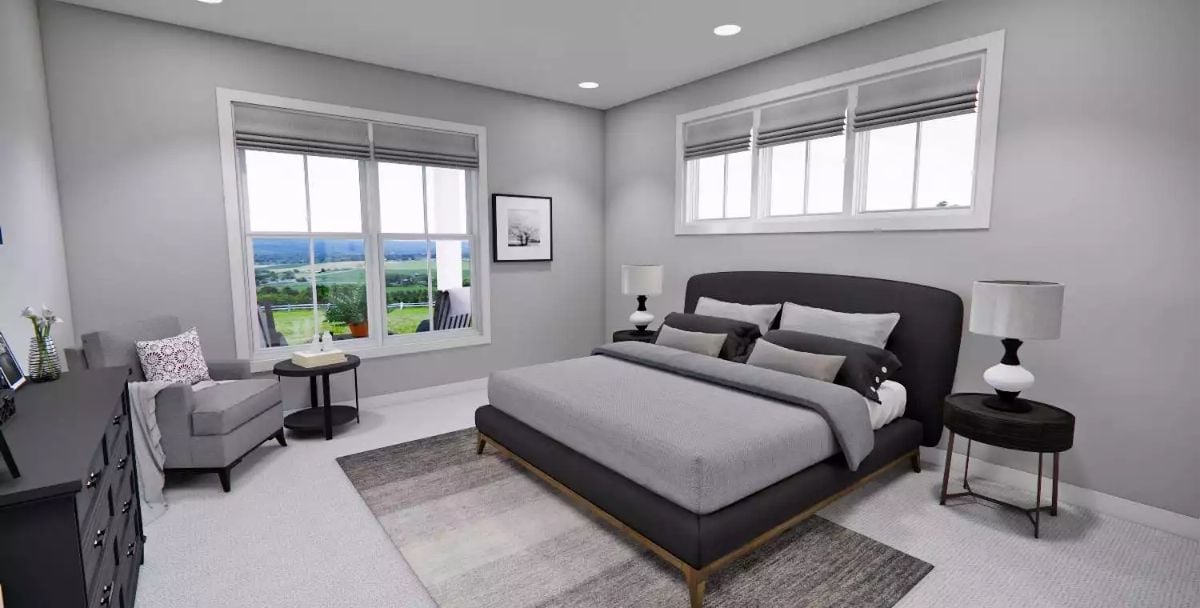 Charcoal Bed Frame, Gray Walls, White Carpet — Monochrome That Doesn't Flatten