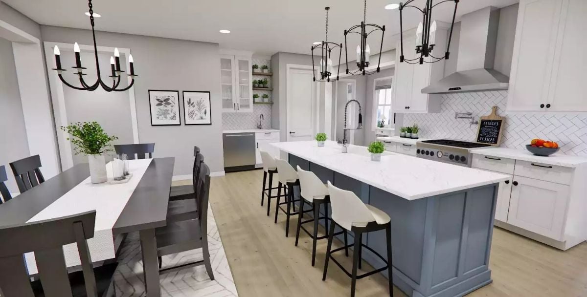 Gray-Blue Island, White Counters, Black Hardware — Kitchen Color Logic That Actually Holds Together