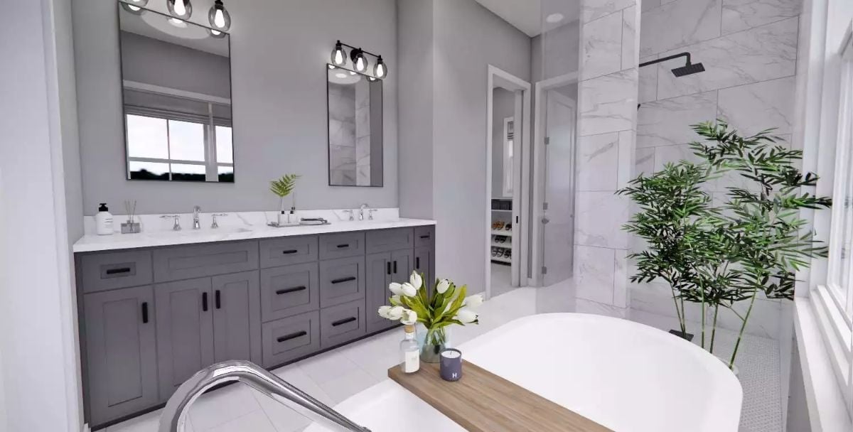 Freestanding Tub, Marble Shower Wall, and a Vanity That Pulls Its Weight