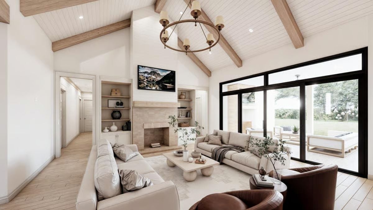 Exposed Beams, a Stone Fireplace, and Doors That Open the Whole Wall