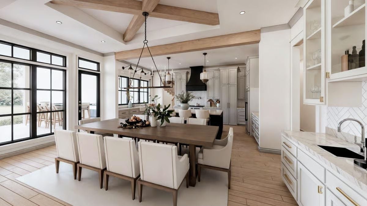 Exposed Beams Frame a Dining Room Built for Long Dinners and Bigger Tables