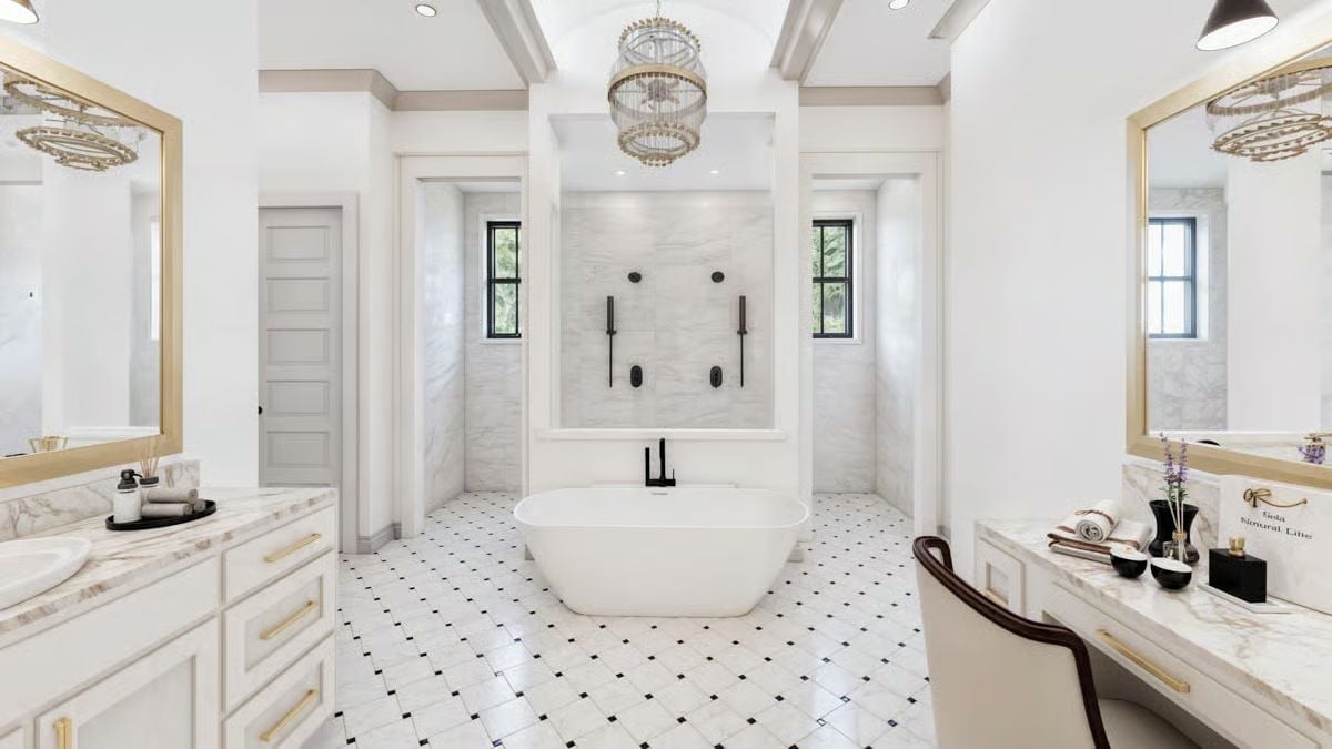 Freestanding Tub Centered Under a Crystal Chandelier in All-White Marble
