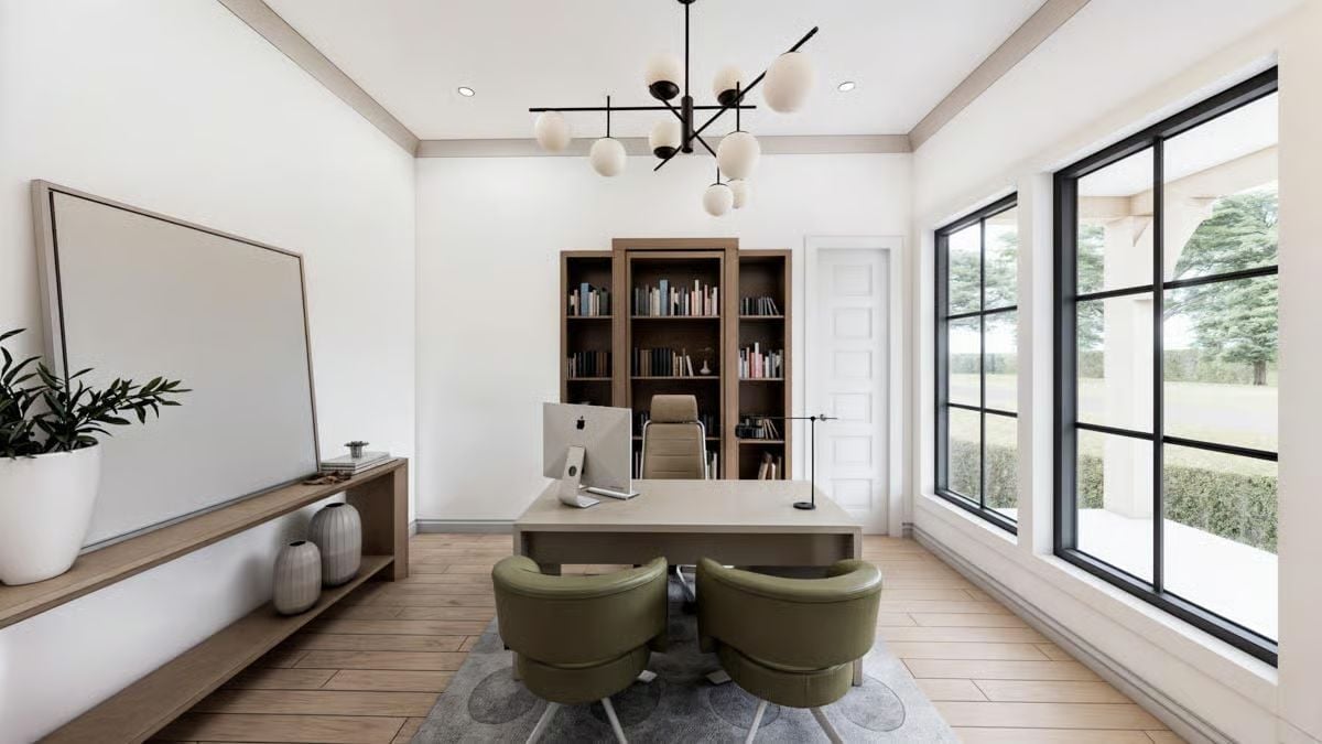 Olive Green Chairs and a Wall of Books Make This Home Office Hard to Leave