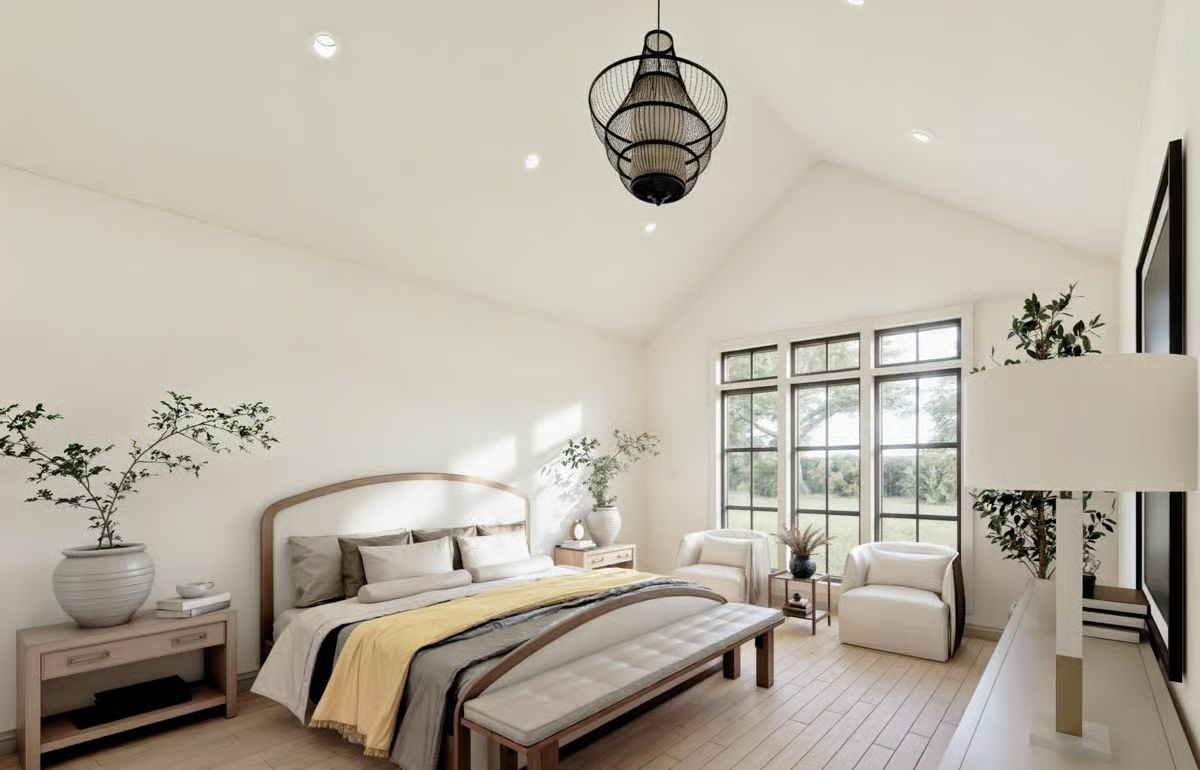 Vaulted Ceiling, Wire Pendant, Yellow Throw — Calm Built From Specific Choices
