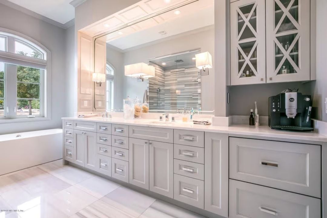 Built-In Coffee Station Next to the Vanity Is a Morning Game-Changer