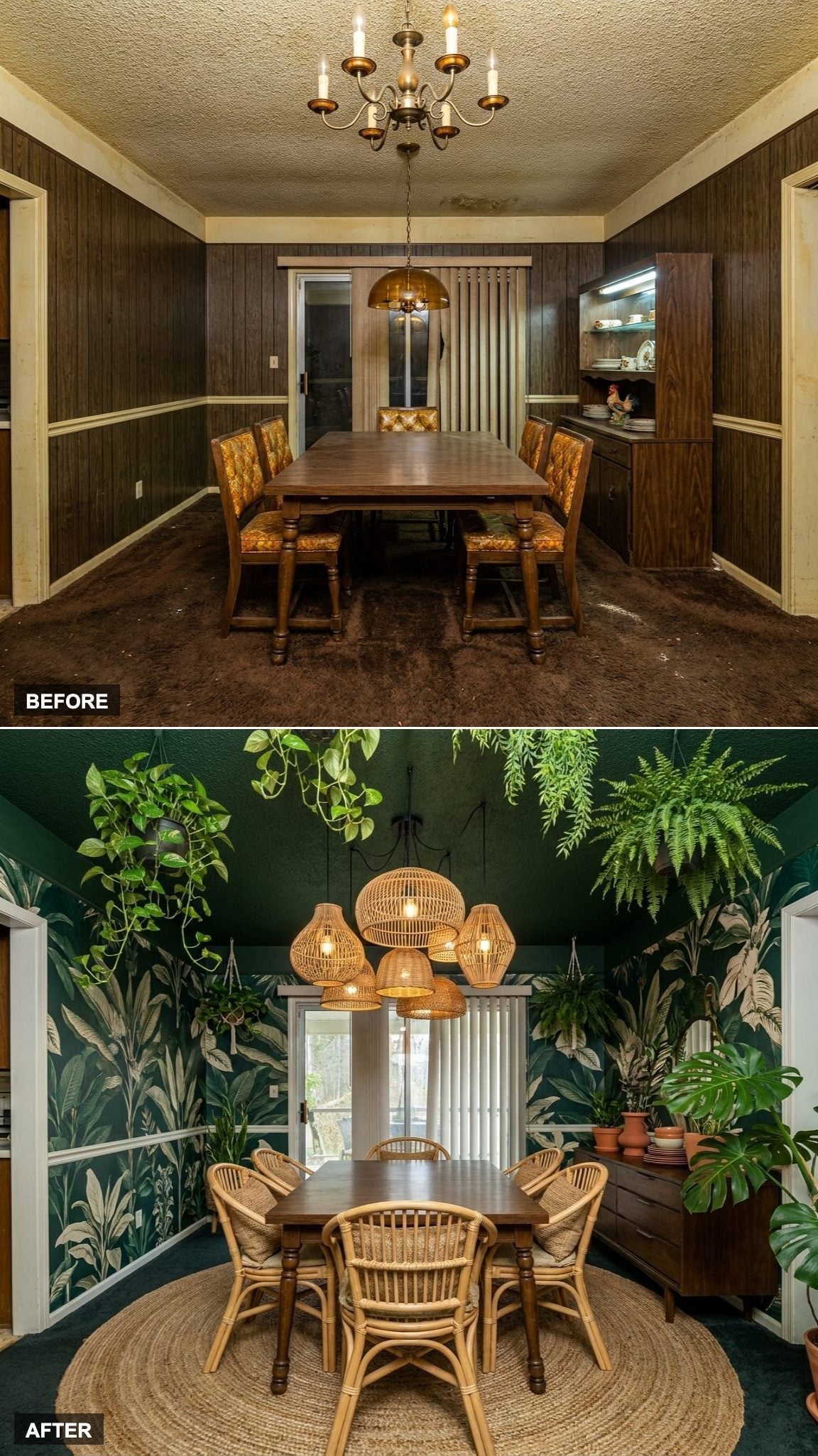 Biophilic Maximalism: Botanical Wallpaper, Rattan, and a Deep Forest Green Canopy