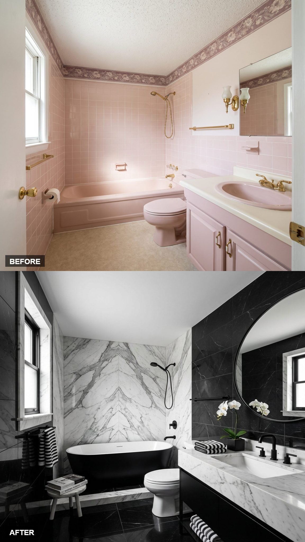Black and White Marble Luxe with a Sculptural Soaking Tub