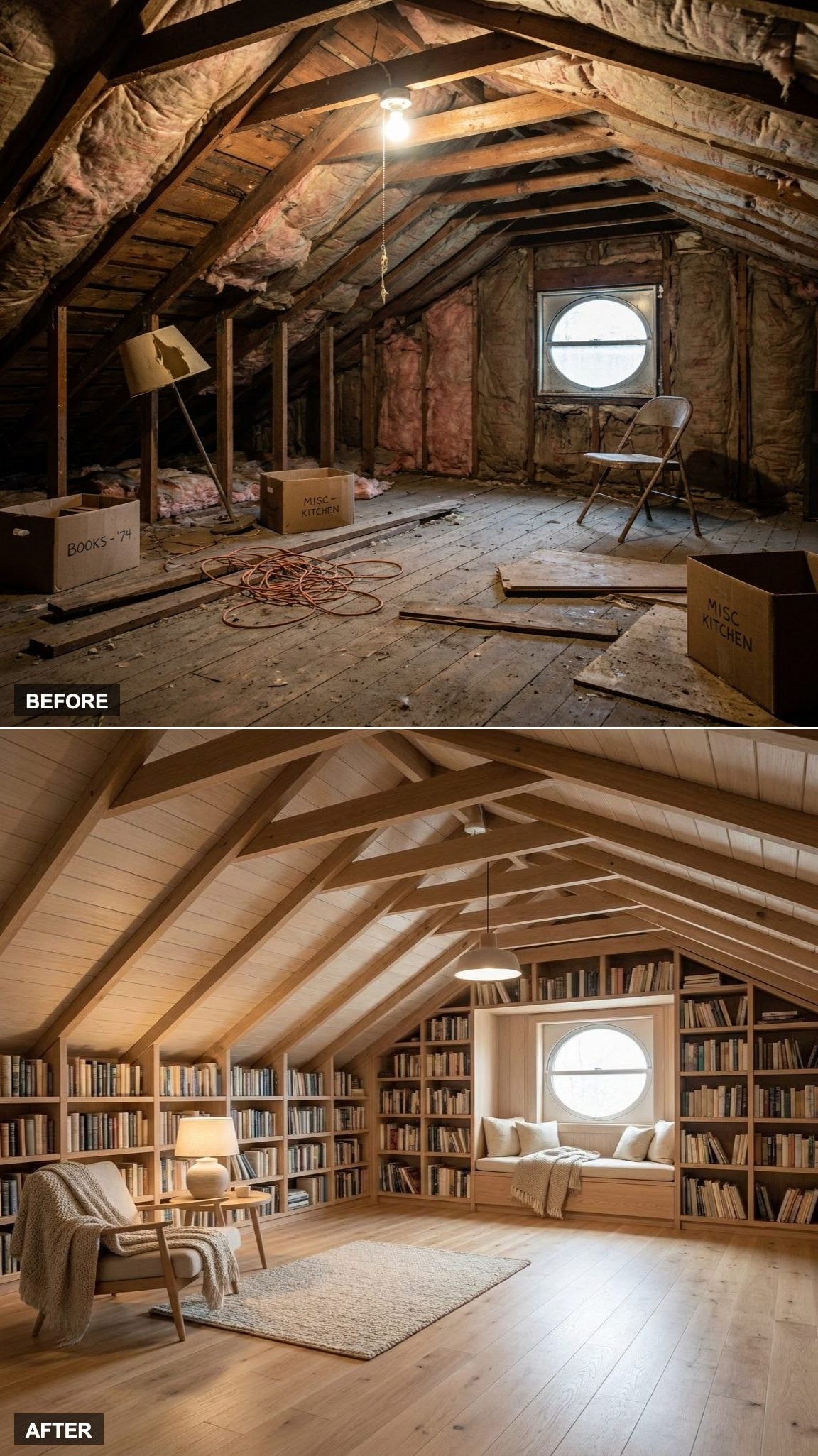Blonde Oak and Roofline Bookshelves Create a Scandinavian Reading Loft