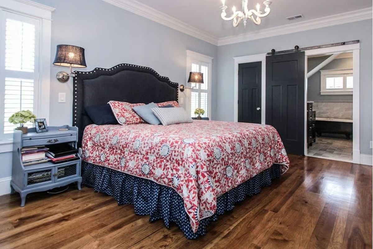 Nailhead Headboard and a Red Floral Quilt That Actually Work Together