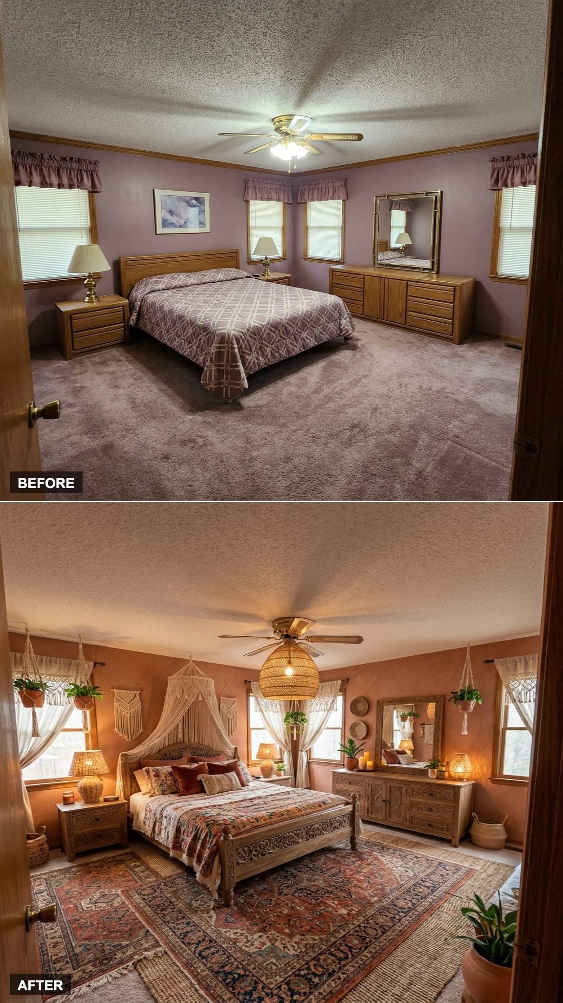 Layered Rugs, Woven Lighting, and Hanging Plants Replace the 1980s Finish with Bohemian Ease