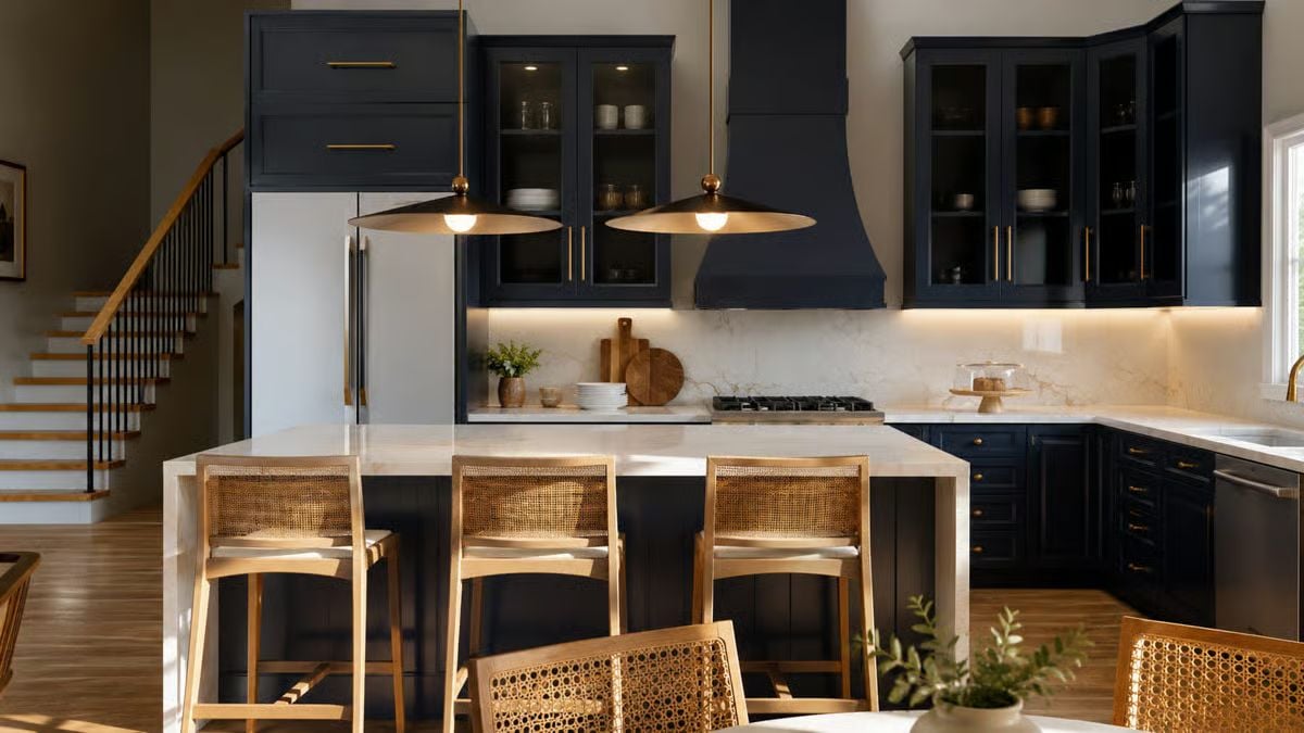 Navy Cabinets and Brass Hardware Walk Into a Barndominium Kitchen