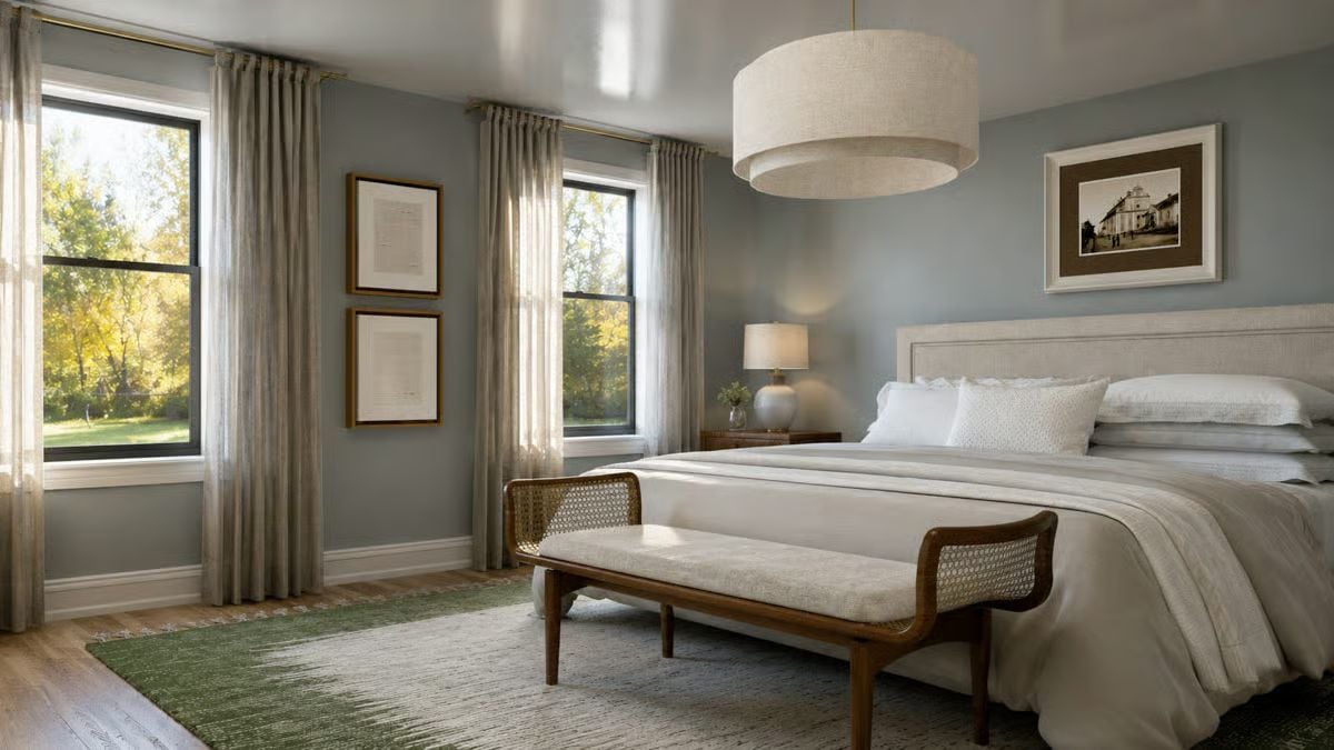 Soft Blue Walls and a Drum Pendant That Set the Whole Room's Tone