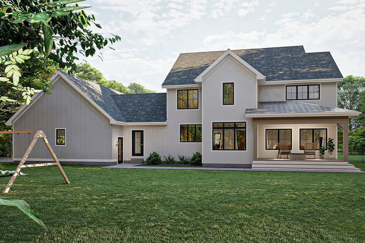 Covered Rear Porch With Black-Framed Windows Built for Everyday Living