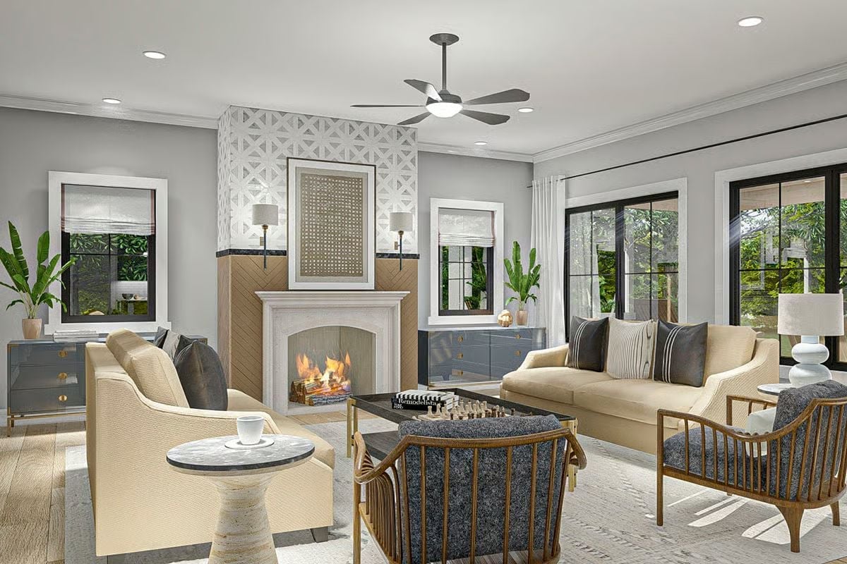 Cream Sofas and a Wood-Paneled Fireplace Pull This Living Room Together