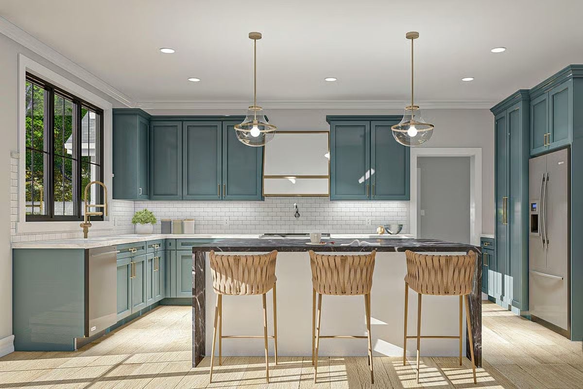 Teal Cabinets and a Dark Marble Island That Aren't Trying to Match