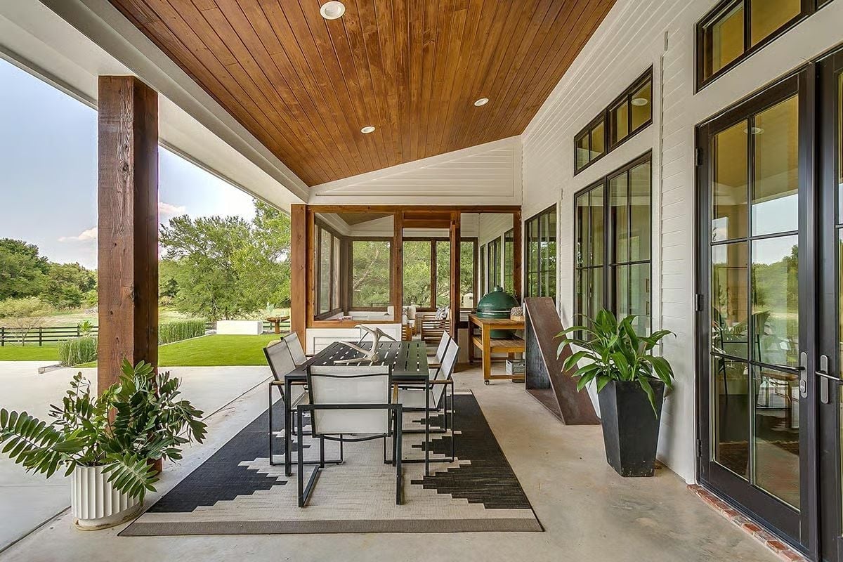 Wood-Ceiling Porch With a Green Egg Grill and Room to Actually Seat Everyone