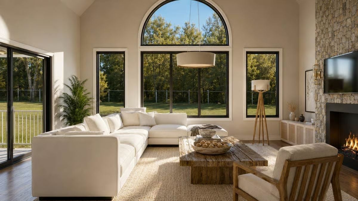 Arched Window, Stone Fireplace, and a Sofa You Won't Leave on Sundays