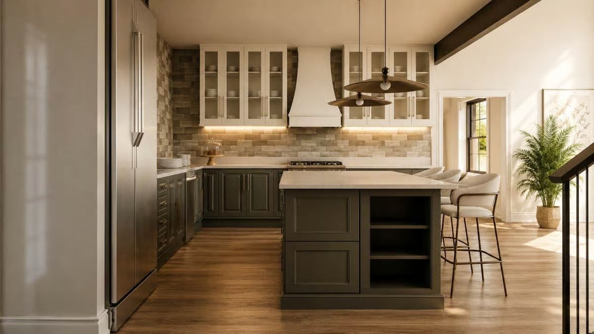 Olive Cabinetry and a Stone Backsplash That Earns Its Keep